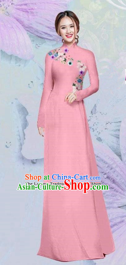 Asian Vietnam Traditional Cheongsam Vietnamese Classical Pink Ao Dai Qipao Dress for Women