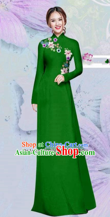 Asian Vietnam Traditional Cheongsam Vietnamese Classical Green Ao Dai Qipao Dress for Women
