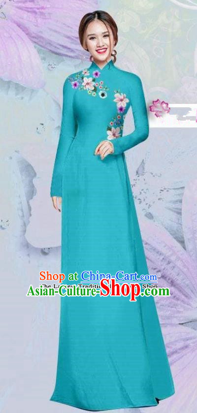 Asian Vietnam Traditional Cheongsam Vietnamese Classical Blue Ao Dai Qipao Dress for Women