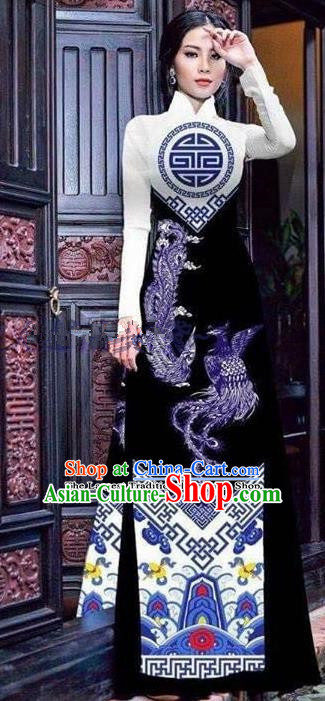 Asian Vietnam Traditional Printing Phoenix Black Cheongsam Vietnamese Ao Dai Qipao Dress for Women