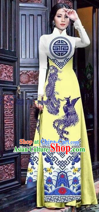 Asian Vietnam Traditional Printing Phoenix Yellow Cheongsam Vietnamese Ao Dai Qipao Dress for Women
