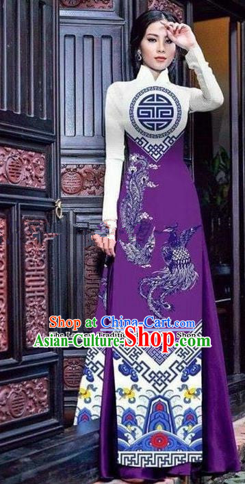 Asian Vietnam Traditional Printing Phoenix Purple Cheongsam Vietnamese Ao Dai Qipao Dress for Women