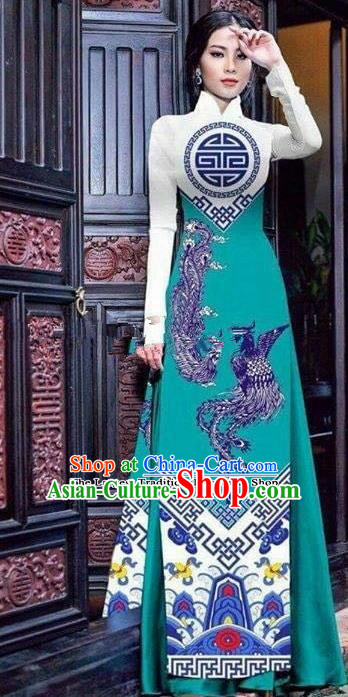 Asian Vietnam Traditional Printing Phoenix Peacock Green Cheongsam Vietnamese Ao Dai Qipao Dress for Women