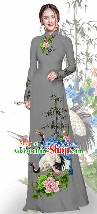 Asian Vietnam Traditional Printing Crane Peony Grey Cheongsam Vietnamese Ao Dai Qipao Dress for Women