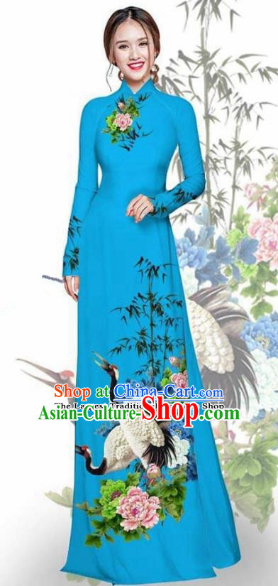 Asian Vietnam Traditional Printing Crane Peony Blue Cheongsam Vietnamese Ao Dai Qipao Dress for Women