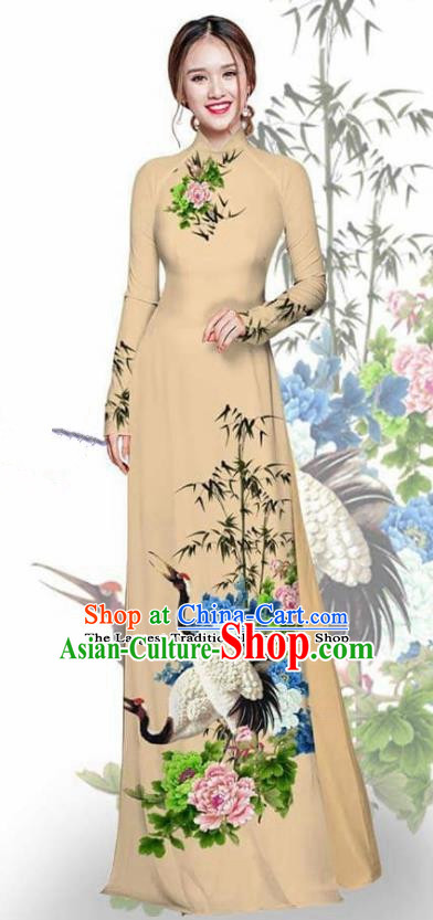 Asian Vietnam Traditional Printing Crane Peony Khaki Cheongsam Vietnamese Ao Dai Qipao Dress for Women