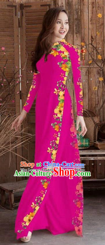 Asian Vietnam Traditional Printing Cheongsam Vietnamese Rosy Ao Dai Qipao Dress for Women