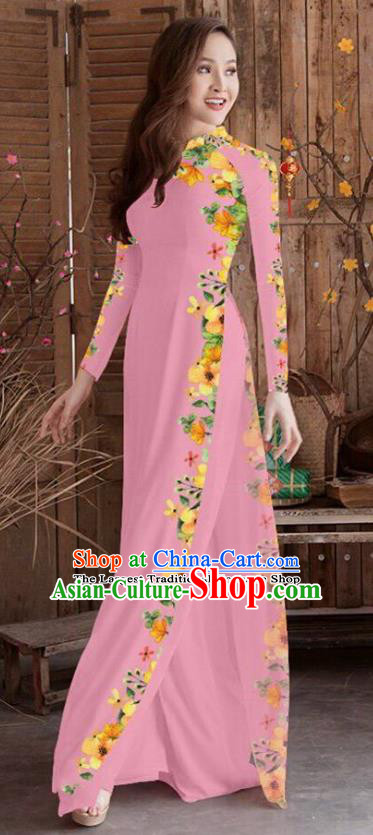Asian Vietnam Traditional Printing Cheongsam Vietnamese Pink Ao Dai Qipao Dress for Women