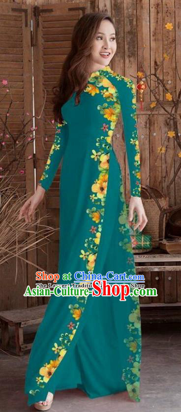 Asian Vietnam Traditional Printing Cheongsam Vietnamese Peacock Green Ao Dai Qipao Dress for Women