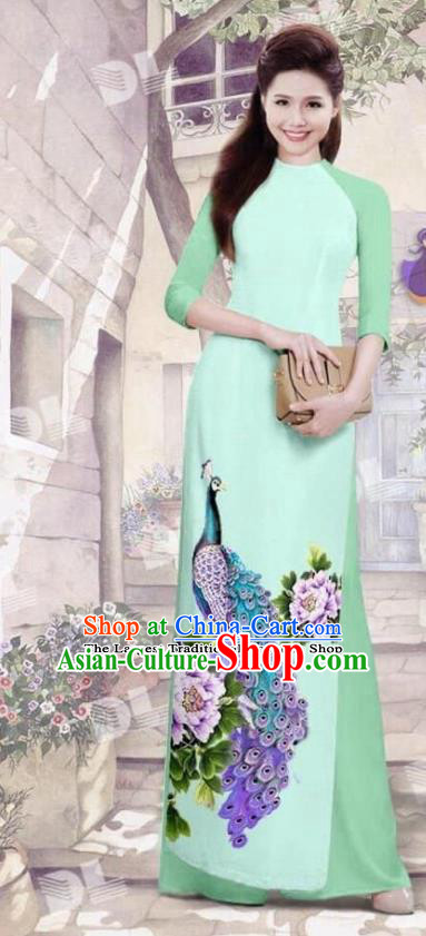 Asian Vietnam Traditional Green Cheongsam Vietnamese Printing Peacock Ao Dai Qipao Dress for Women