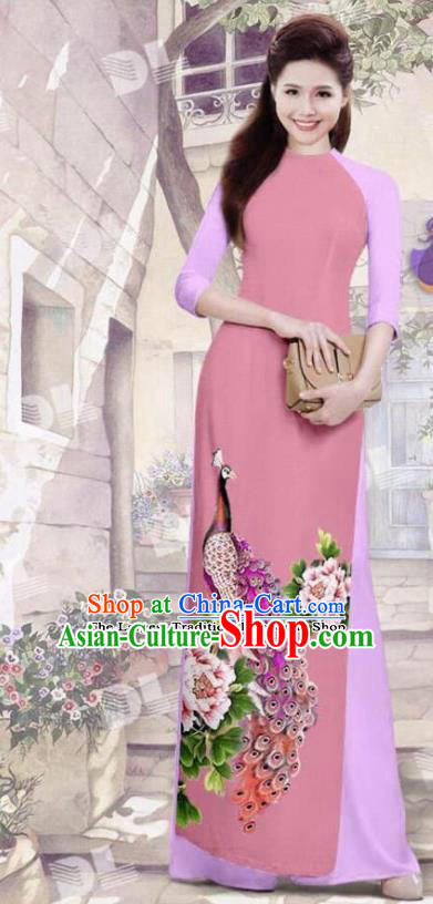 Asian Vietnam Traditional Peach Pink Cheongsam Vietnamese Printing Peacock Ao Dai Qipao Dress for Women