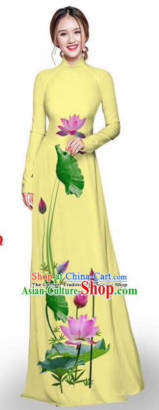 Asian Vietnam Traditional Yellow Cheongsam Vietnamese Printing Lotus Ao Dai Qipao Dress for Women