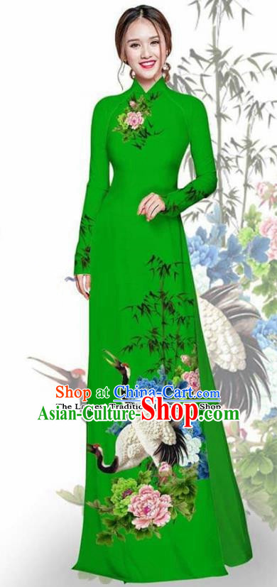 Asian Vietnam Traditional Printing Crane Peony Deep Green Cheongsam Vietnamese Ao Dai Qipao Dress for Women
