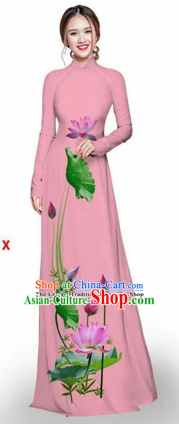 Asian Vietnam Traditional Pink Cheongsam Vietnamese Printing Lotus Ao Dai Qipao Dress for Women