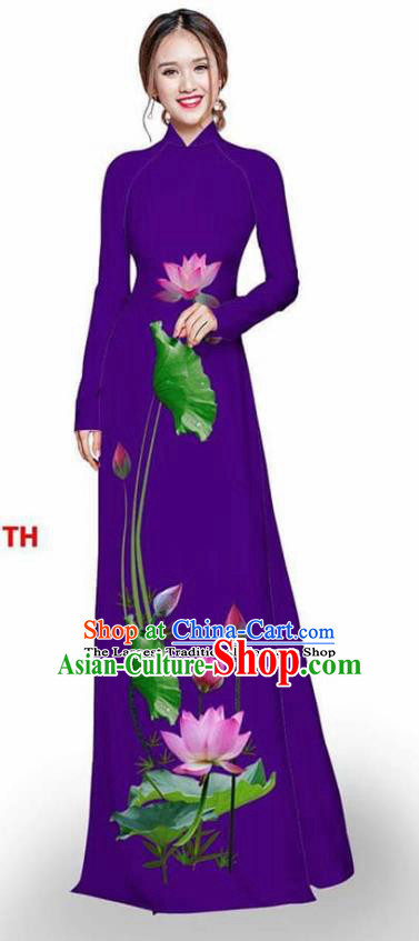 Asian Vietnam Traditional Deep Purple Cheongsam Vietnamese Printing Lotus Ao Dai Qipao Dress for Women