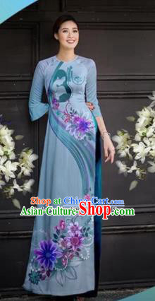 Asian Vietnam Traditional Printing Blue Cheongsam Vietnamese Ao Dai Qipao Dress for Women
