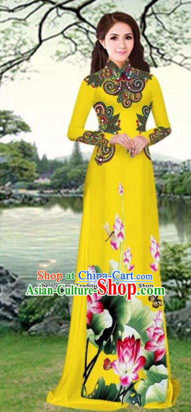 Asian Traditional Vietnam Female Costume Vietnamese Printing Lotus Bright Yellow Cheongsam Ao Dai Qipao Dress for Women