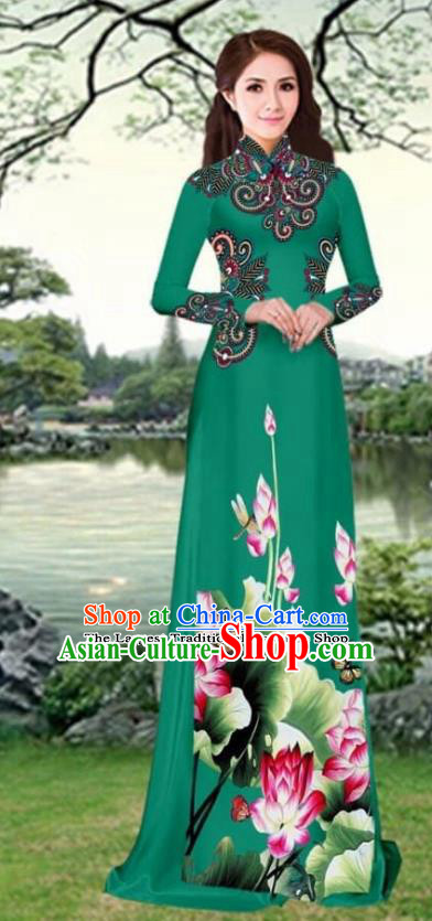 Asian Traditional Vietnam Female Costume Vietnamese Printing Lotus Deep Green Cheongsam Ao Dai Qipao Dress for Women