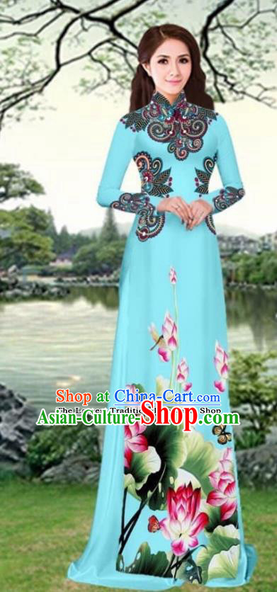 Asian Traditional Vietnam Female Costume Vietnamese Printing Lotus Blue Cheongsam Ao Dai Qipao Dress for Women