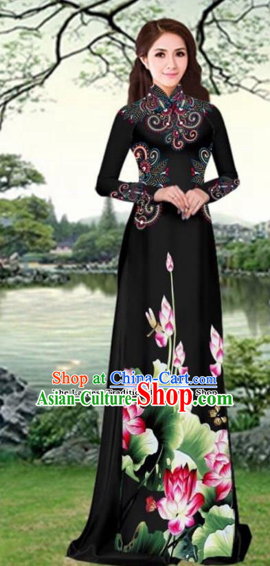 Asian Traditional Vietnam Female Costume Vietnamese Printing Lotus Black Cheongsam Ao Dai Qipao Dress for Women