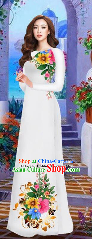 Asian Vietnam Traditional Female Costume Vietnamese White Cheongsam Printing Ao Dai Qipao Dress for Women