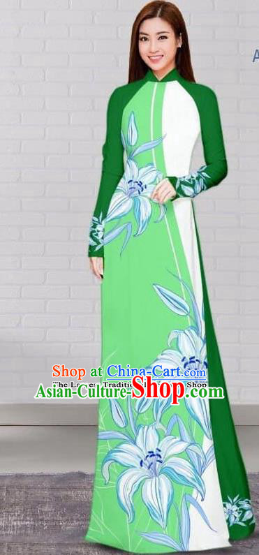 Asian Traditional Vietnam Costume Vietnamese Bride Deep Green Cheongsam Ao Dai Qipao Dress for Women