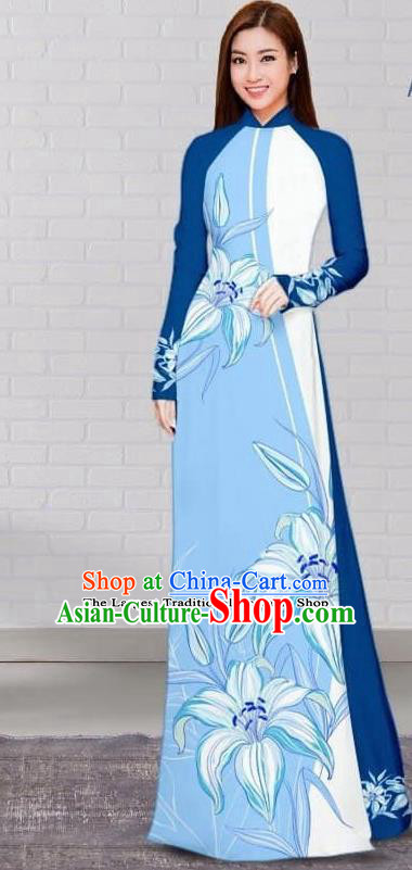 Asian Traditional Vietnam Costume Vietnamese Bride Cheongsam Blue Ao Dai Qipao Dress for Women
