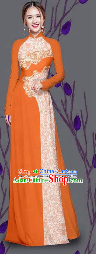 Asian Traditional Vietnam Costume Ao Dai Qipao Dress Vietnamese Bride Orange Cheongsam for Women