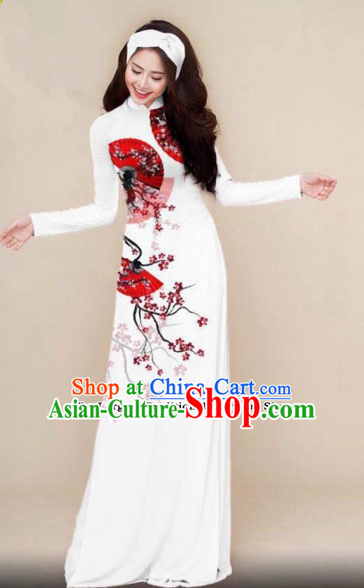 Asian Traditional Vietnam Costume Printing Wintersweet Ao Dai Qipao Dress Vietnamese Bride Cheongsam for Women