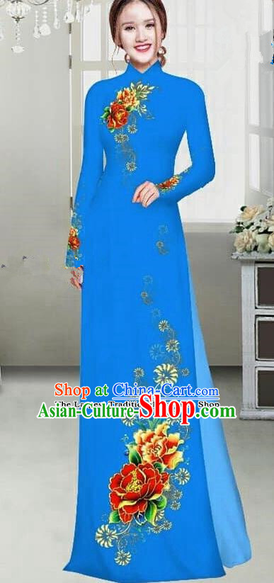 Asian Traditional Vietnam Female Ao Dai Costume Vietnamese Bride Printing Peony Blue Cheongsam for Women