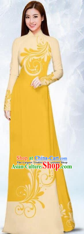 Asian Traditional Vietnam Female Costume Vietnamese Bride Yellow Ao Dai Cheongsam for Women
