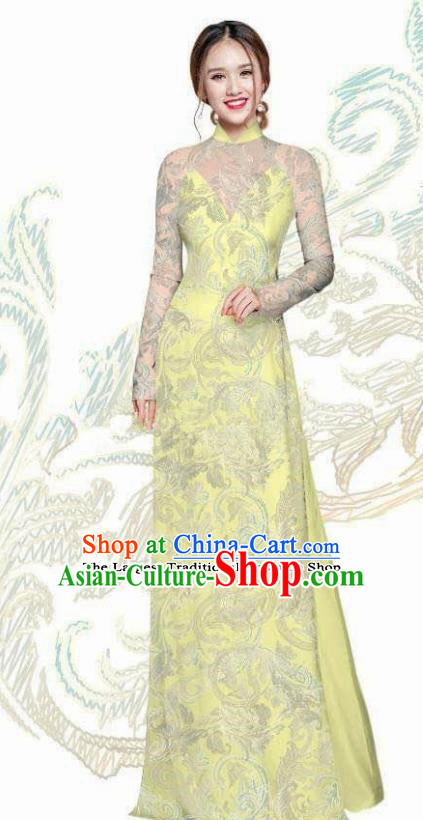 Vietnam Traditional Bride Costume Vietnamese Yellow Ao Dai Qipao Dress Cheongsam for Women