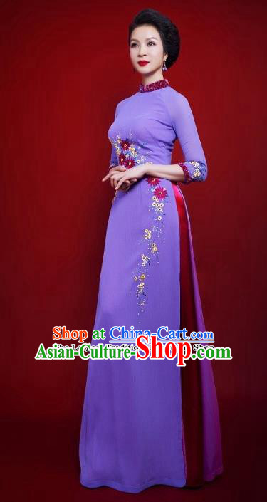 Vietnam Traditional Female Costume Vietnamese Bride Purple Ao Dai Qipao Dress Cheongsam for Women