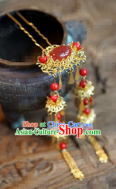 Chinese Ancient Wedding Hair Jewelry Accessories Palace Tassel Step Shake Agate Hairpins for Women