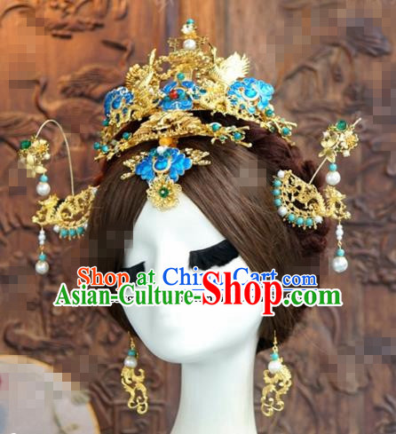 Chinese Ancient Queen Blueing Phoenix Coronet Wedding Bride Hairpins Headdress for Women