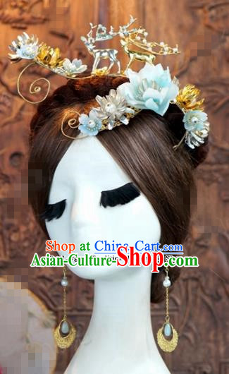 Chinese Ancient Queen Blue Flowers Hair Clip Wedding Bride Hairpins Headdress for Women