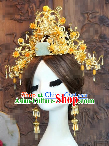 Chinese Ancient Queen Golden Jade Phoenix Coronet Wedding Bride Hairpins Headdress for Women