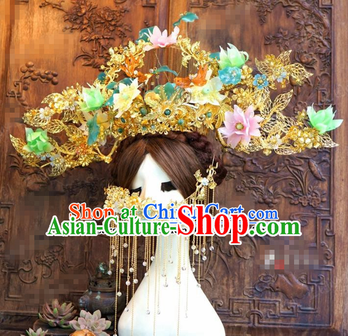 Chinese Ancient Queen Luxurious Lotus Flowers Phoenix Coronet Wedding Bride Headdress Hairpins for Women