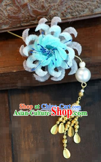 Chinese Ancient Queen Blue Velvet Chrysanthemum Hair Clip Wedding Bride Headdress Hairpins for Women