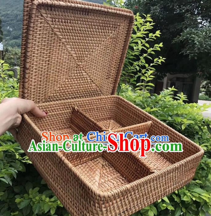 Asian Vietnamese Traditional Rattan Craft Artware Straw Plaited Square Tea Box