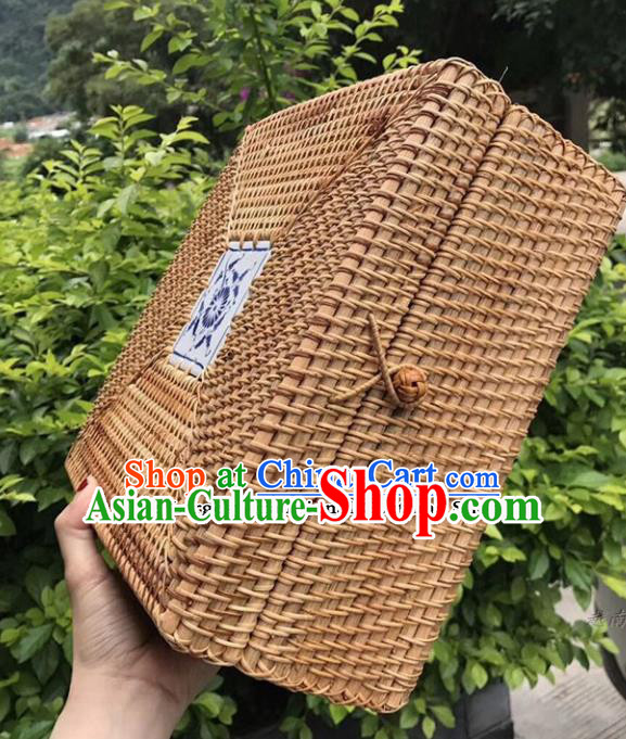 Asian Vietnamese Traditional Rattan Craft Artware Straw Plaited Square Storage Box