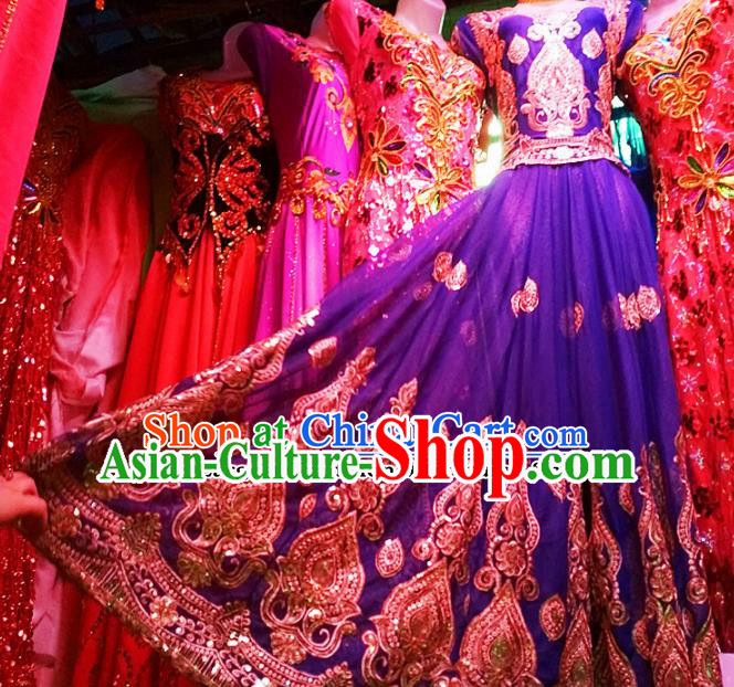 Chinese Ethnic Costumes Folk Dance Royalblue Dress Traditional National Uyghur Nationality Clothing for Women