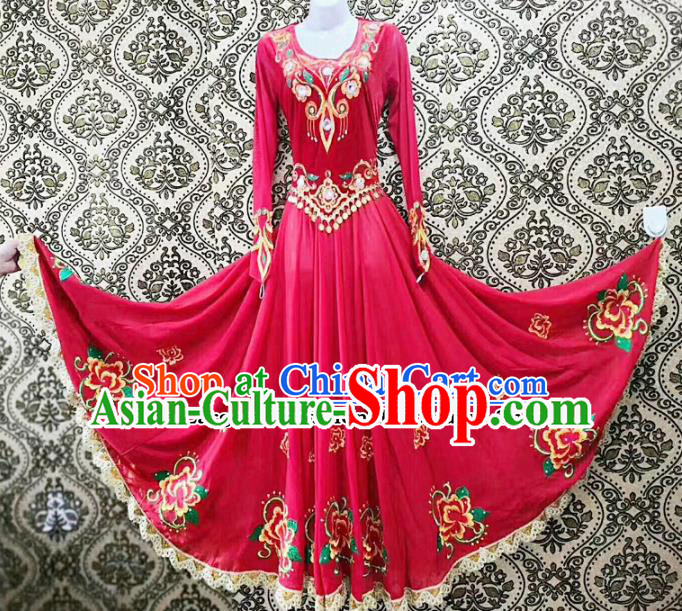 Chinese Ethnic Folk Dance Red Dress Traditional National Uyghur Nationality Costumes for Women