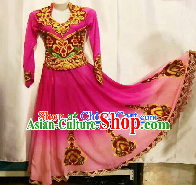 Chinese Ethnic Folk Dance Pink Dress Traditional National Uyghur Nationality Costumes for Women
