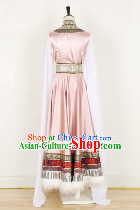 Chinese Tibetan Ethnic Minority Pink Dress Traditional Zang Nationality Folk Dance Costume for Women