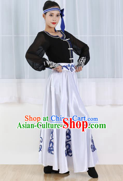 Chinese Mongolian Ethnic Minority White Dress Traditional Mongol Nationality Folk Dance Costume for Women