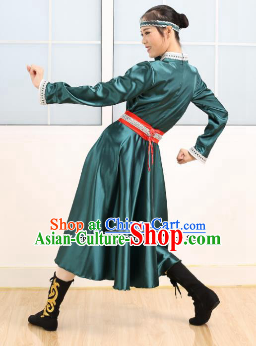 Chinese Mongolian Ethnic Minority Green Dress Traditional Nationality Folk Dance Costume for Women