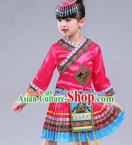 Chinese Traditional Miao Nationality Folk Dance Rosy Pleated Skirt Ethnic Dance Costumes for Kids