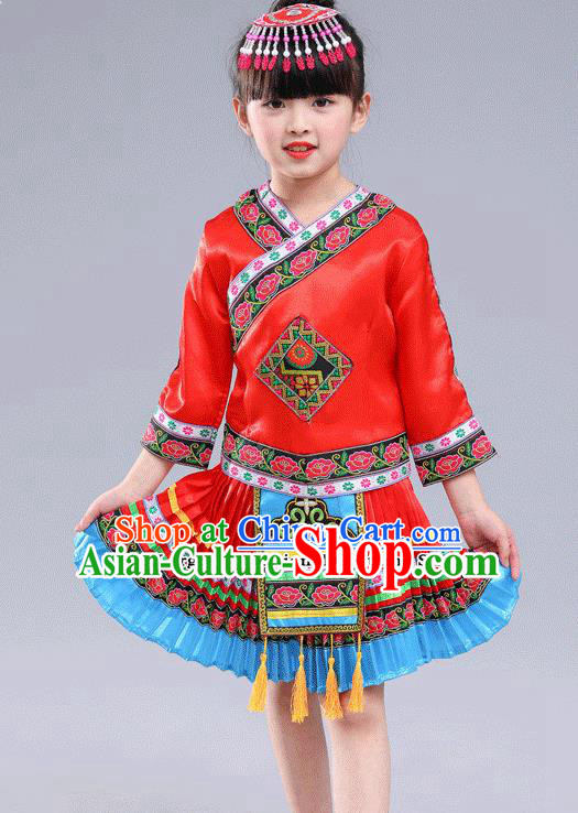 Chinese Traditional Miao Nationality Folk Dance Red Pleated Skirt Ethnic Dance Costumes for Kids