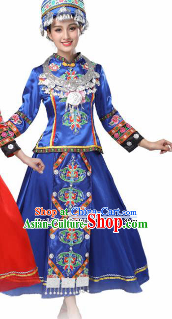 Chinese Hmong Ethnic Minority Royalblue Dress Traditional Dong Nationality Folk Dance Costumes for Women
